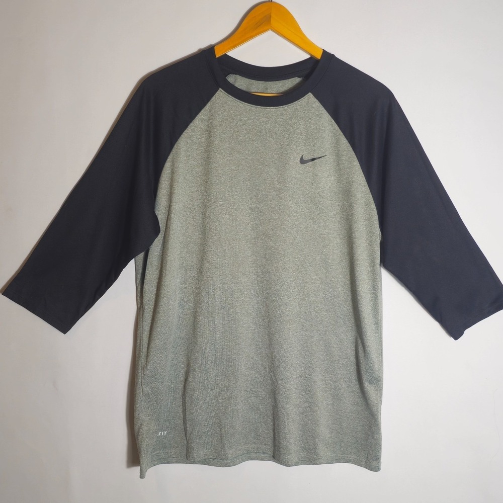 Nike T-Shirt Mens Large Gray Heather Dri-Fit Athletic Fit 3/4 Sleeve Crew Neck